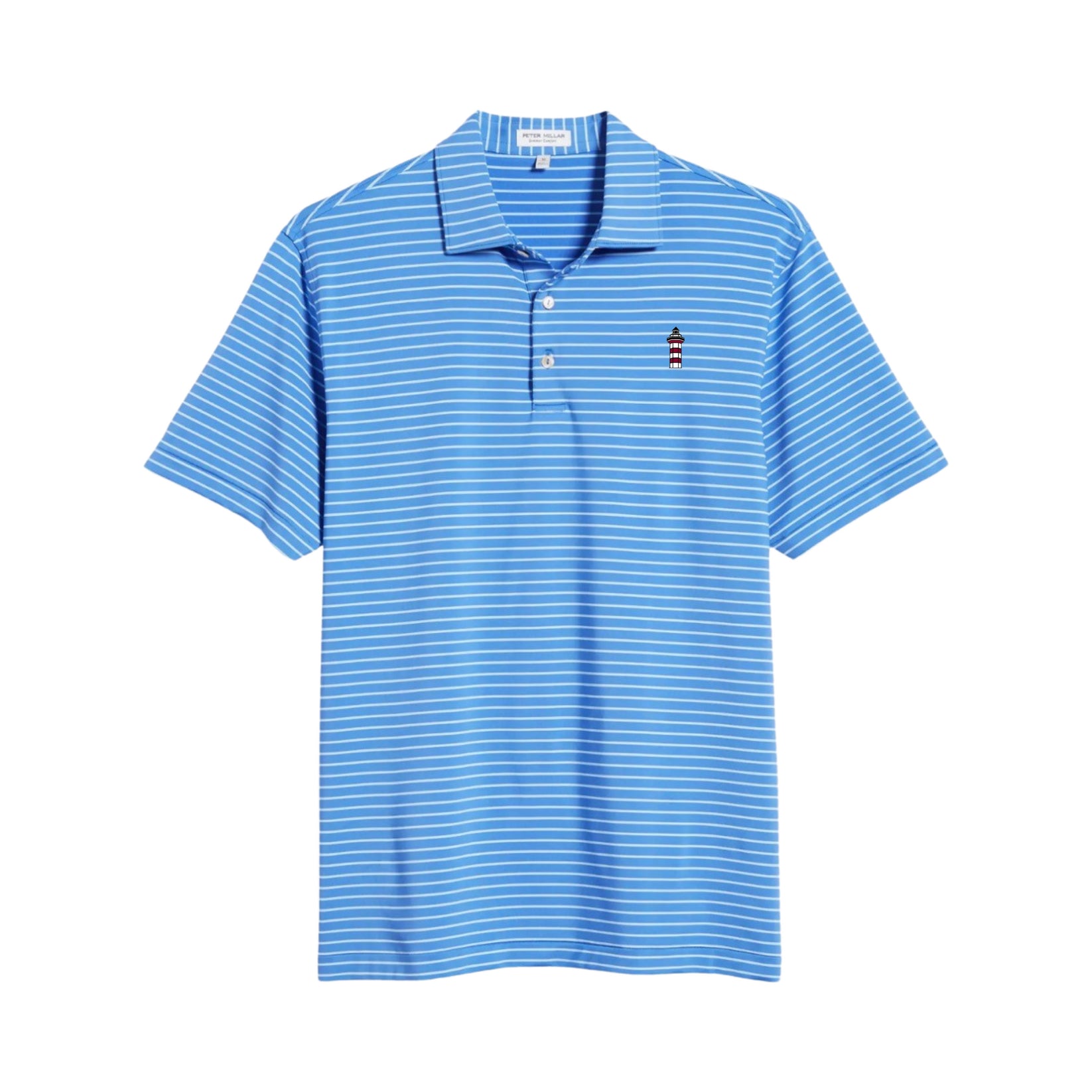 Peter Millar Men's Lighthouse Icon Stripe Performance Polo Sapp Blue The Sea Pines Resort